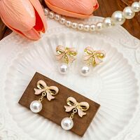 Women Fashion Elegant Pink Bow With Pearl Studs Earring /ear Clips - Thumbnail 4