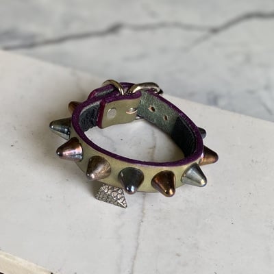 Rainbow tall british stud green leather w/ purple-edges wristband