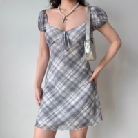 Puff sleeve plaid dress women's summer a-line short skirt - Thumbnail 1