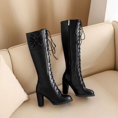 Sweet Bow Knee High PU Leather Boots for Women