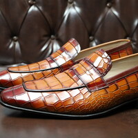 Crafted Leather Handmade Men Brown Crocodile Leather Alligator Moccasin Loafers Dress Shoes - Thumbnail 6