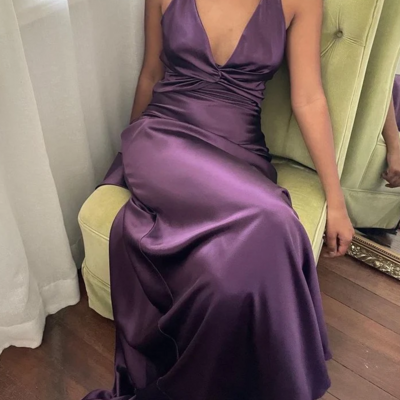 Simple a-line v neckline grape satin prom dresses  - Thumbnail 1