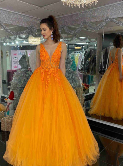 Charming Deep V-neck A-line Evening Dress with Lace Appliques 
