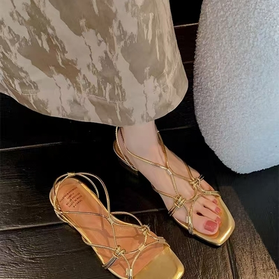 Gold square toe flat heel braided strap sandals