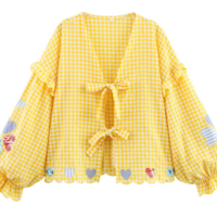 Fashionable and simple heart check embroidered lace-up shirt - Thumbnail 8