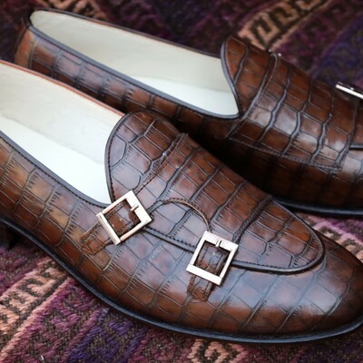 Crafted leather classic brown crocodile leather alligator loafers double monk strap dress shoes