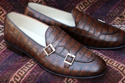 Crafted Leather Classic Brown Crocodile Leather Alligator Loafers Double Monk Strap Dress Shoes