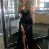 Sexy Mermaid Black Lace Sequin Slit Long Evening Dress - Thumbnail 1