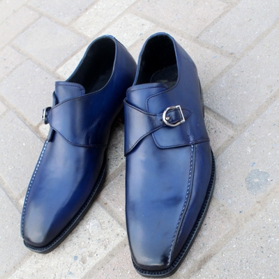 Crafted leather handmade men blue leather monk strap dress shoes