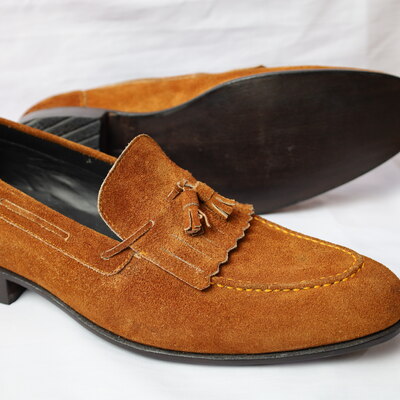 Crafted leather handmade men brown suede leather fringes tassel loafers dress shoes
