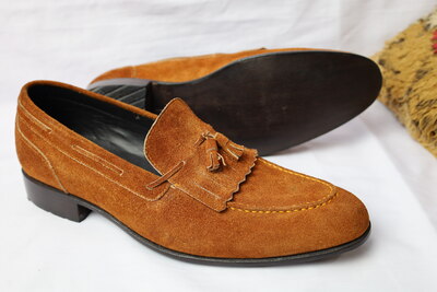 Crafted Leather Handmade Men Brown Suede Leather Fringes Tassel Loafers Dress Shoes