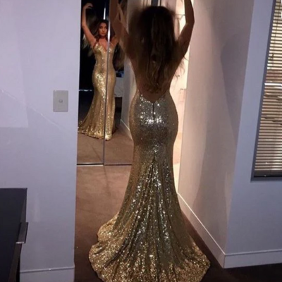 Sexy open back gold sequins mermaid prom dresses with sweep train  - Thumbnail 1
