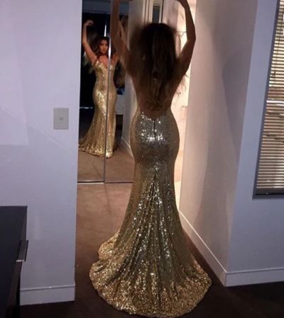 Sexy Open Back Gold Sequins Mermaid Prom Dresses With Sweep Train 