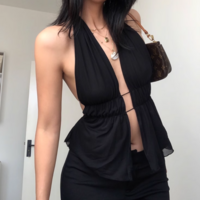 Sexy solid color backless strappy hollow slim halter neck top - Thumbnail 1