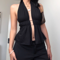 Sexy solid color backless strappy hollow slim halter neck top - Thumbnail 5