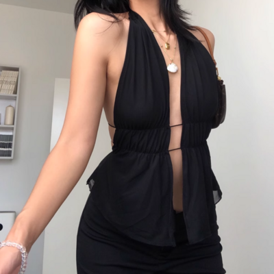 Sexy solid color backless strappy hollow slim halter neck top