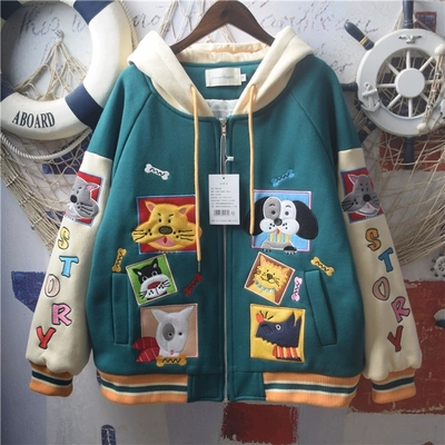 College-style embroidered patchwork color-blocking hooded jacket short coat