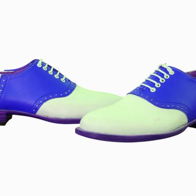 Crafted leather handmade men classic customize golf saddle lace up blue white leather oxford dress 