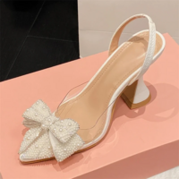  Elegant Beaded Butterfly-Knot Transparent Pearl Pointed Toe High Heels - Thumbnail 1