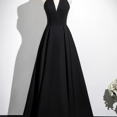Simple black a-line long prom party dress