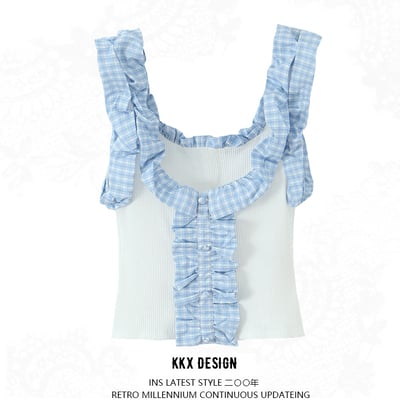 Fashionable and simple small check ribbed top