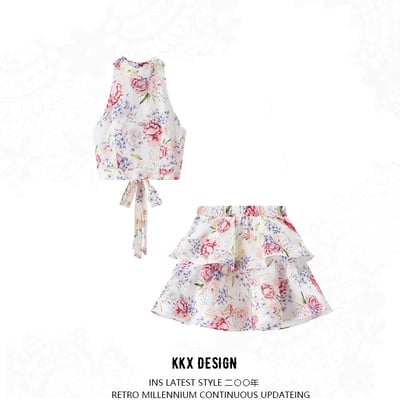 Halter neck sleeveless short top floral skirt two-piece set