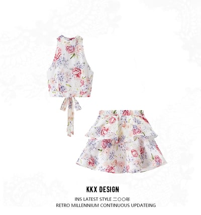 Halter Neck Sleeveless Short Top Floral Skirt Two-Piece Set