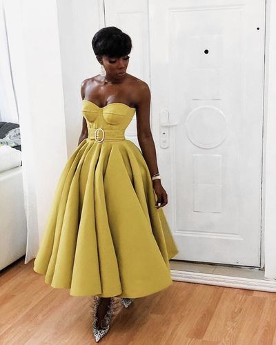 Yellow satin short prom dress party dress，1962