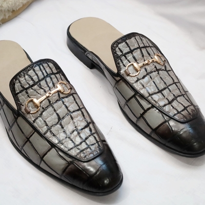 Crafted leather handmade classic gray crocodile/alligator leather mules, men leather dress slippers shoes