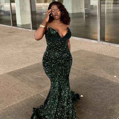 Sexy mermaid glitter dark green sequin prom dress long evening gowns 