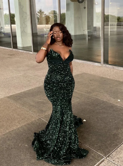 Sexy Mermaid Glitter Dark Green Sequin Prom Dress Long Evening Gowns 