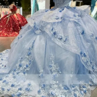 Sparkly Off The Shoulder Light Blue Lace Appliques Prom Dress Quinceañera Dress With Flowers - Thumbnail 1