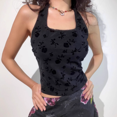 Sexy backless lace flocking slim halter neck vest