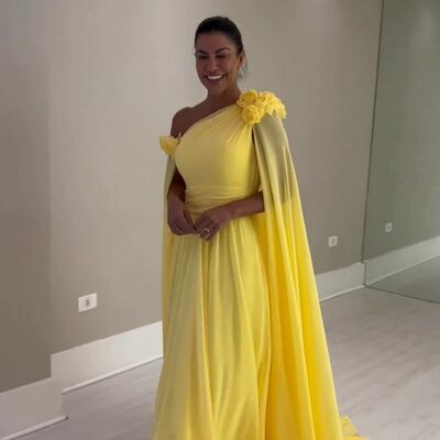 Yellow sheath prom dresses one shoulder handmade flower evening gowns formal party gowns - Thumbnail 4