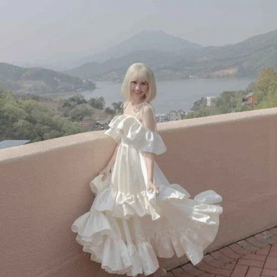 Beautiful straps white tea length prom dress with ruffles - Thumbnail 1