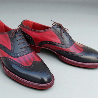 Crafted leather handmade men classic genuine black red leather wingtip oxford dress shoes