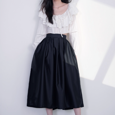 Women glossy black midi pleated skirt winter black pleated holiday skirt outfit custom plus size