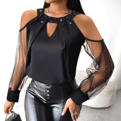 Temperament nail bead v-neck off shoulder long sleeved top