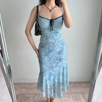 Retro blue printed sling + irregular skirt suit - Thumbnail 4