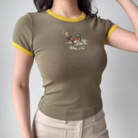 Retro contrast color round neck print straight shoulder short sleeve T-shirt - Thumbnail 1