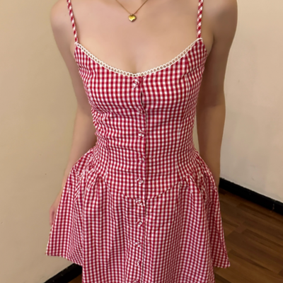 Lace check single breasted slip dress