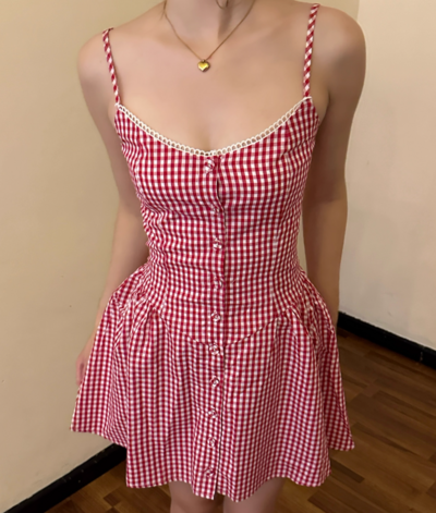 Lace Check Single Breasted Slip Dress