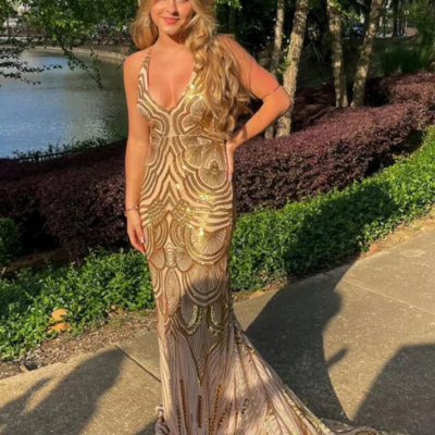 Mermaid golden sequin long sweep open back prom dress