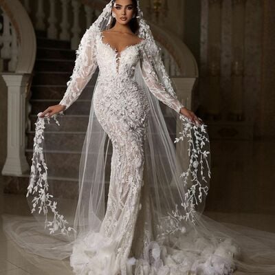 Luxury wedding dress, mermaid lace appliques long sleeve afrcian girls bridal dress bridal gown - Thumbnail 1