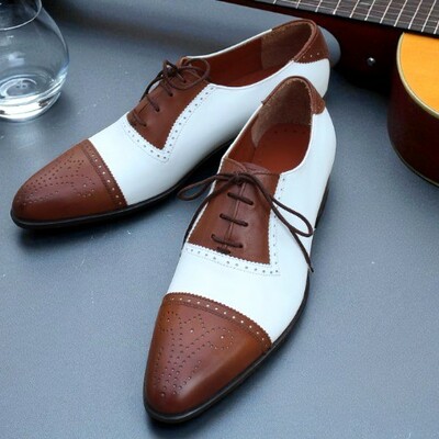 Crafted leather classic brown white leather oxford lace up dress formal shoes - Thumbnail 1