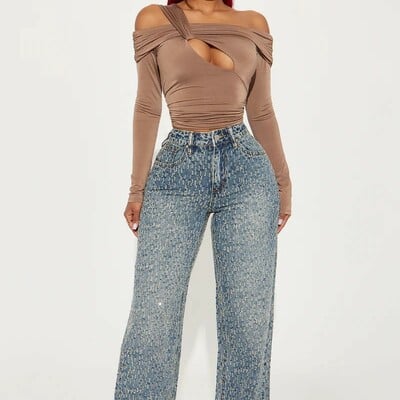 Embellished wide leg denim jeans