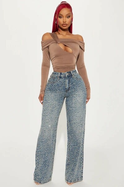 Embellished Wide Leg Denim Jeans
