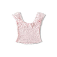 Off-the-shoulder ruffled top with lace jacquard pleated T-shirt - Thumbnail 1