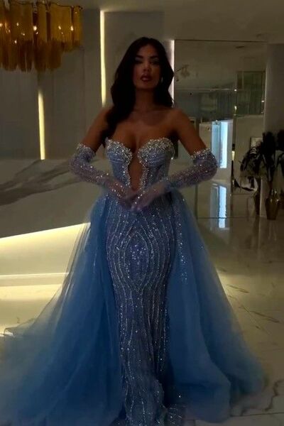 Blue Mermaid Sequins Lace Prom Dresses Evening Gowns Formal Party Gowns