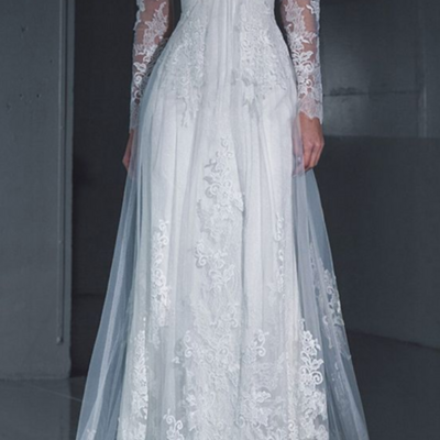 Floor length a line white mermaid lace wedding dresses with long sleeves  - Thumbnail 1